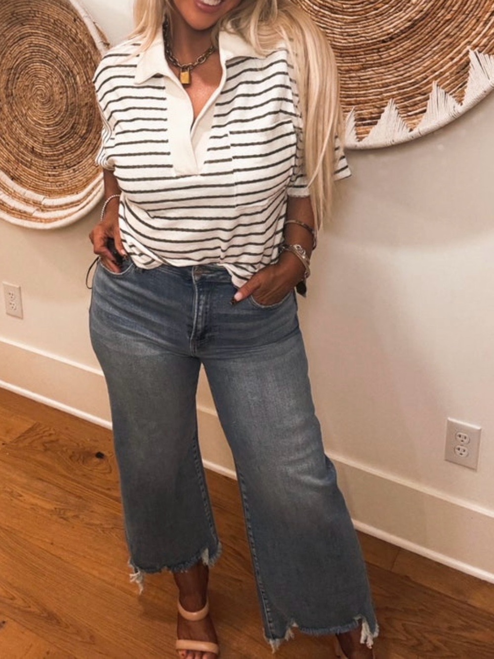 By Together cream and olive striped collar v neck hi lo top in size medium